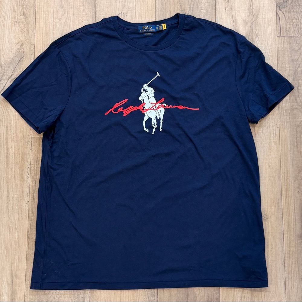 Ralph Lauren Men's Dark Blue Tee with Red Logo
